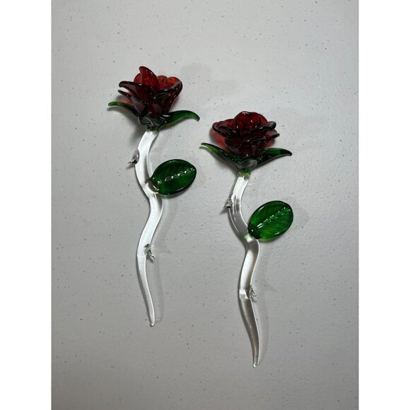 2 Hand Blown Art Glass Red Rose Long Clear Stem Thorns Leaf 7" - Picture 1 of 14